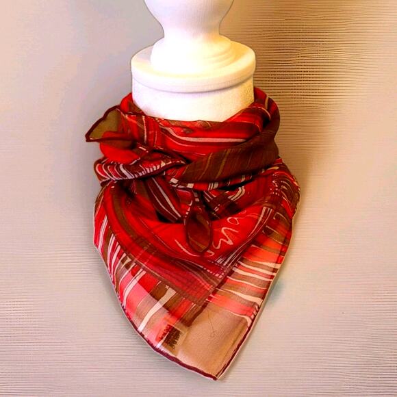 Scarves By Vera - Vtg Verasheer Silk Red Brown 1960s Mod Plaid CorpCore Academia - Picture 1 of 11